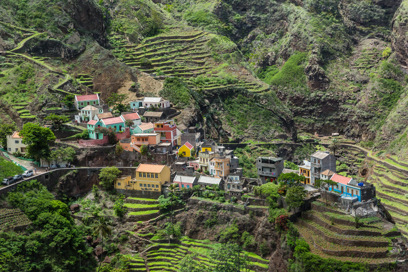 A view of the extreme terraces surrounding the village of Fontainhas on Santo Antao Island, Cape Verde