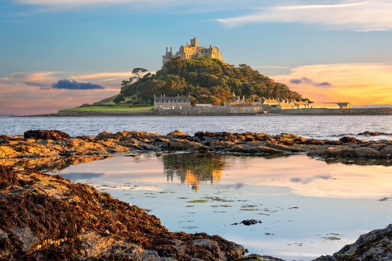 Sunset view of St Michael's Mount in Penzance Cornwall, England, United Kingdom