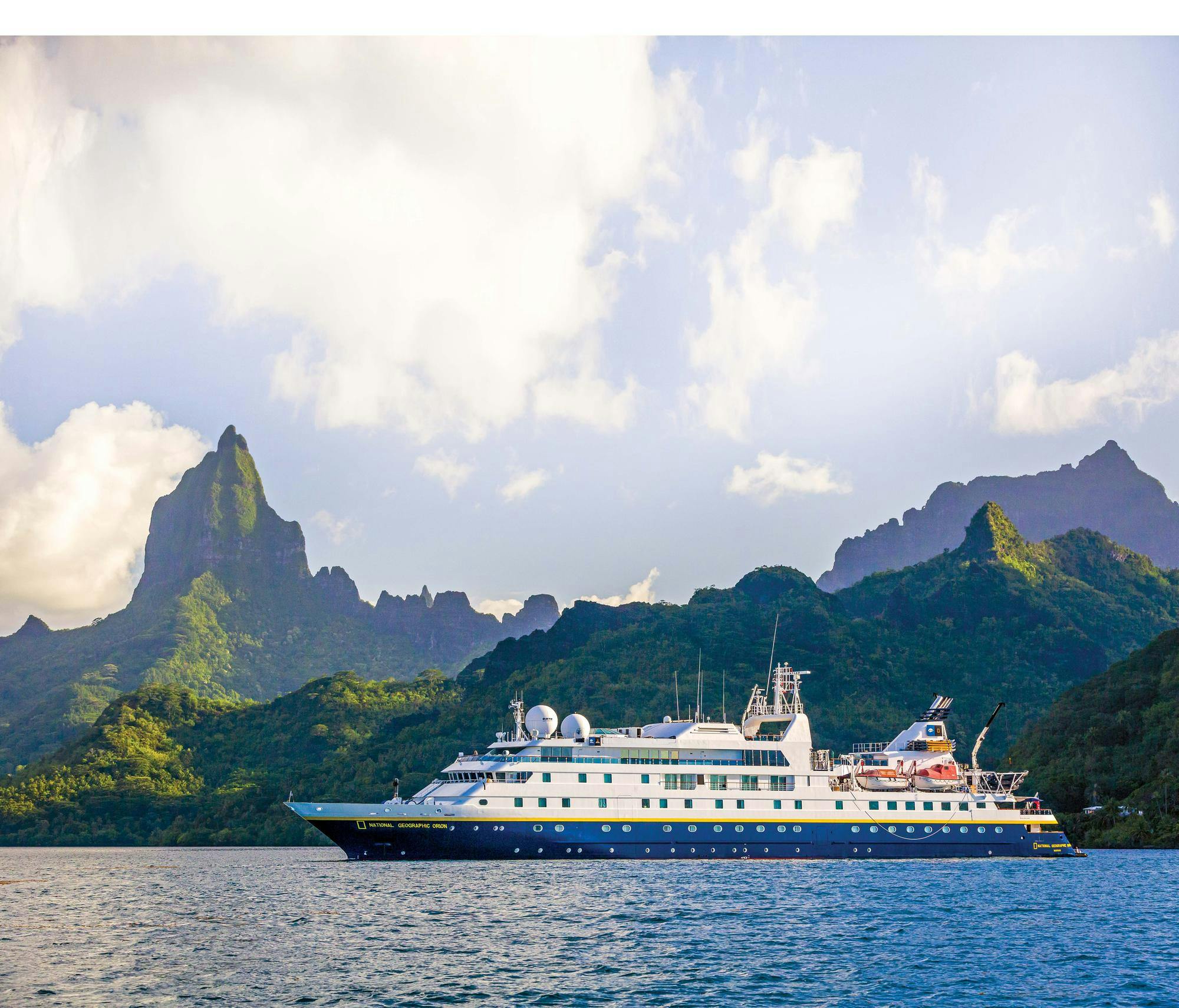 Ship National Geographic Orion in Opunohu Bay at the island of Mo'orea, French Polynesia.