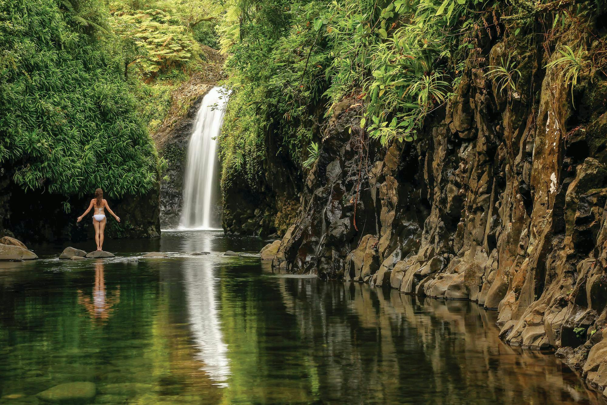 A guest standing at Wainibau Waterfall at the end of Lavena Coastal Walk on Taveuni Island, Fiji. Taveuni is the third largest island in Fiji.